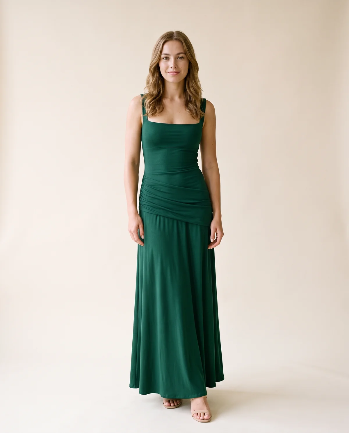 Square-Neck Lace-Up Back Maxi Dress in Emerald, front view, worn by Ava