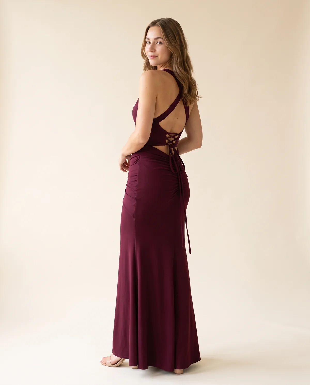 Square-Neck Lace-Up Back Maxi Dress in Wine, back view, worn by Ava