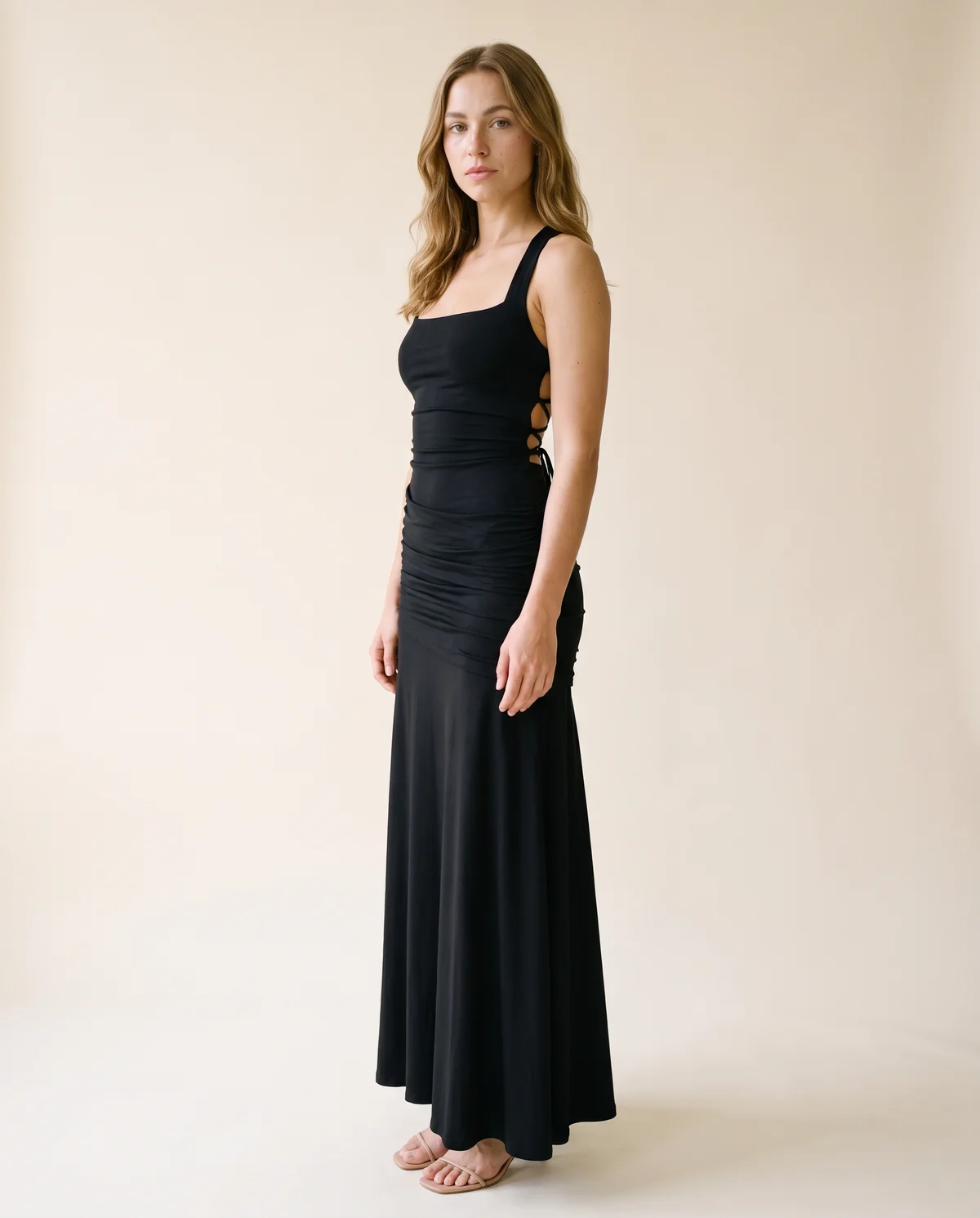 Square-Neck Lace-Up Back Maxi Dress in Black, side view, worn by Ava