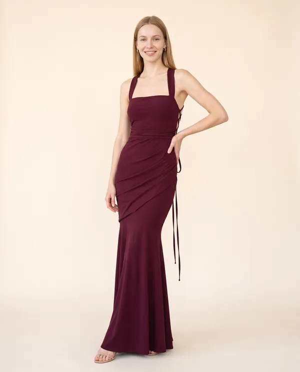 Square-Neck Lace-Up Back Maxi Dress in Wine, front view, worn by Maya