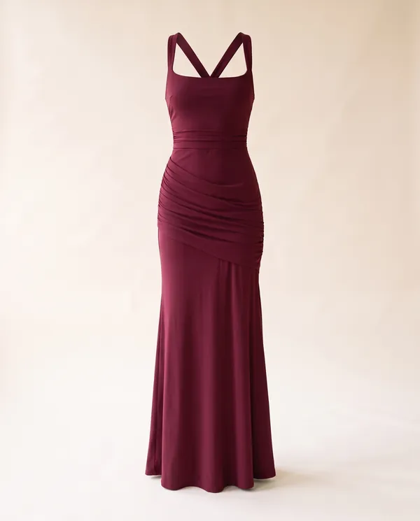 Square-Neck Lace-Up Back Maxi Dress in Wine, product shot on a plain background