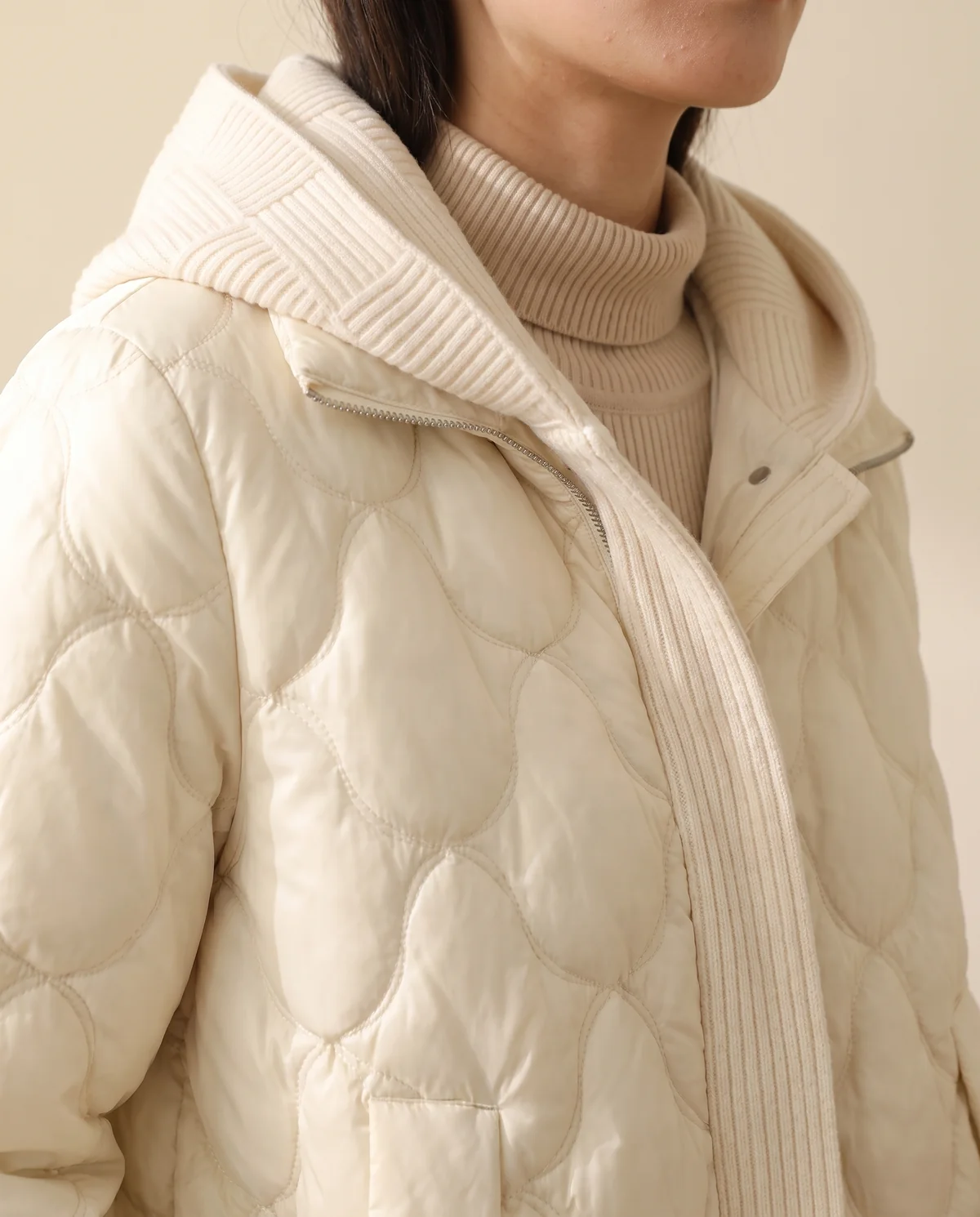 Quilted Puffer Jacket with Knit Hood in Cream, close-up of the detail