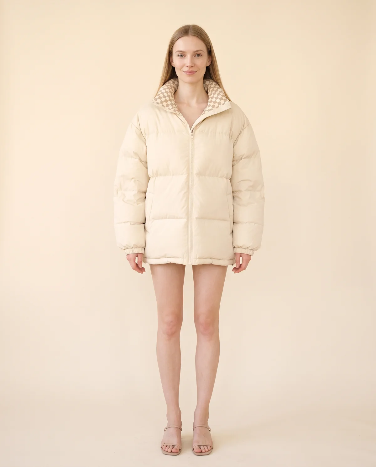 Oversized Puffer Jacket with Check Collar in Cream, front view, worn by Maya