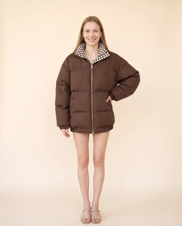 Oversized Puffer Jacket with Check Collar in Chocolate, front view, worn by Maya
