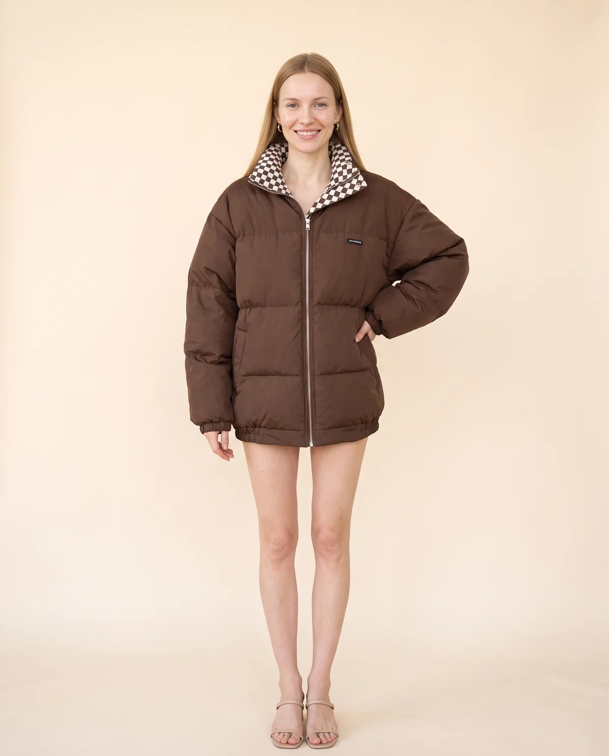 Oversized Puffer Jacket with Check Collar in Chocolate, front view, worn by Maya