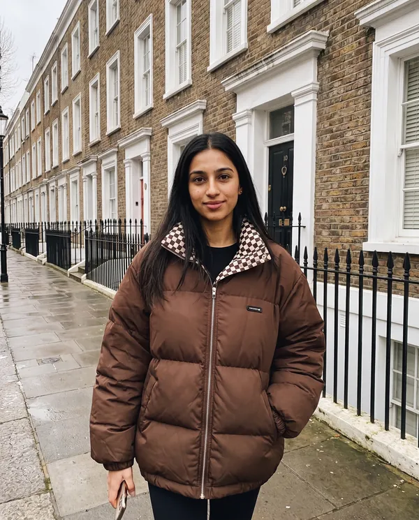 Satin Eve styling: Oversized Puffer Jacket with Check Collar