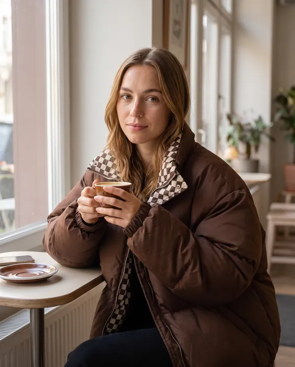Satin Eve styling: Oversized Puffer Jacket with Check Collar