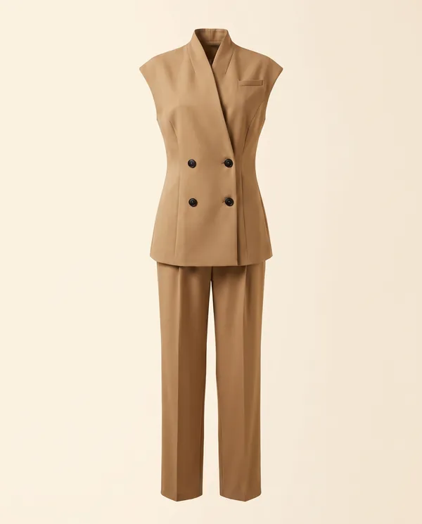 Double-Breasted Waistcoat and Trouser Set in Camel, product shot on a plain background
