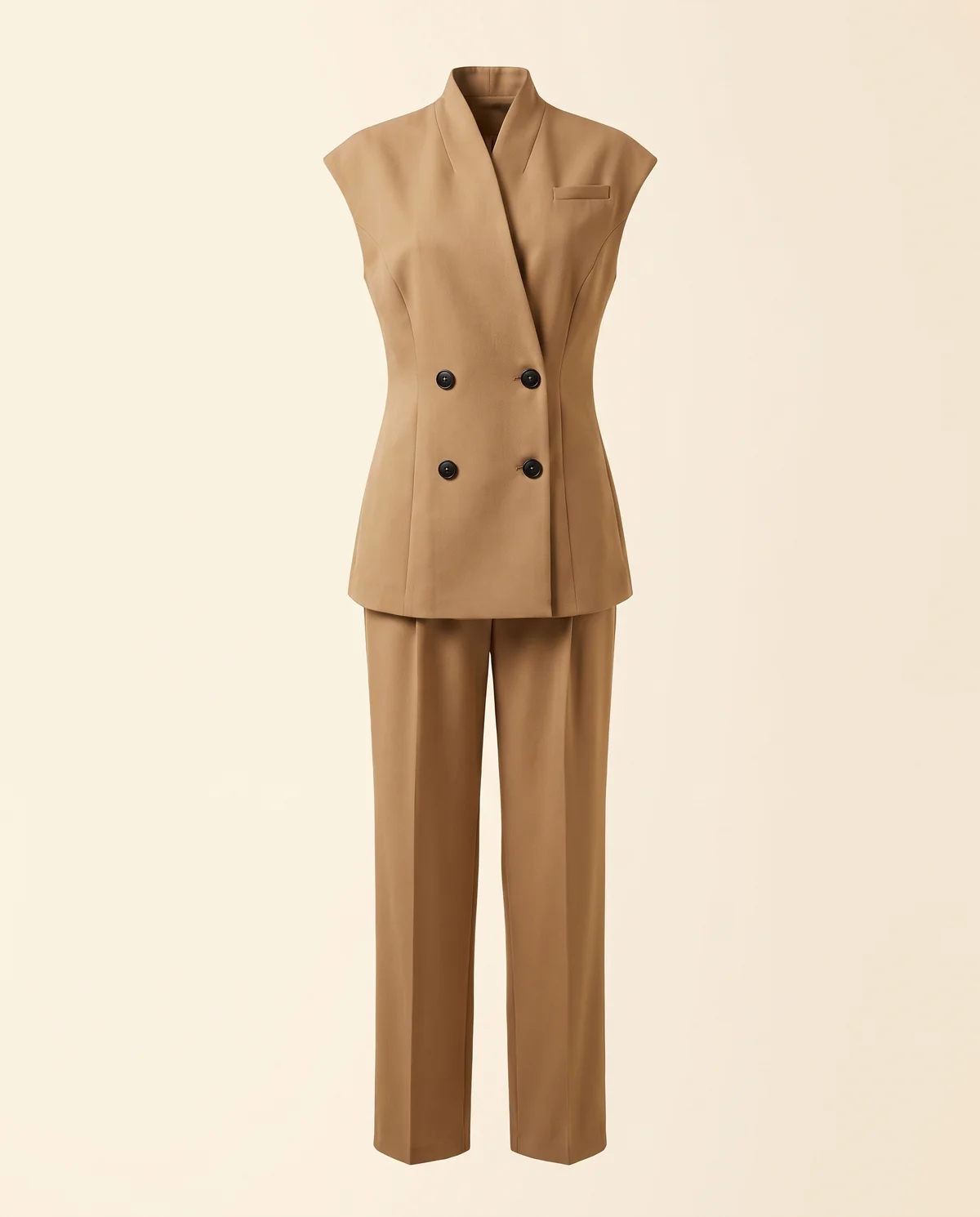 Double-Breasted Waistcoat and Trouser Set in Camel, product shot on a plain background