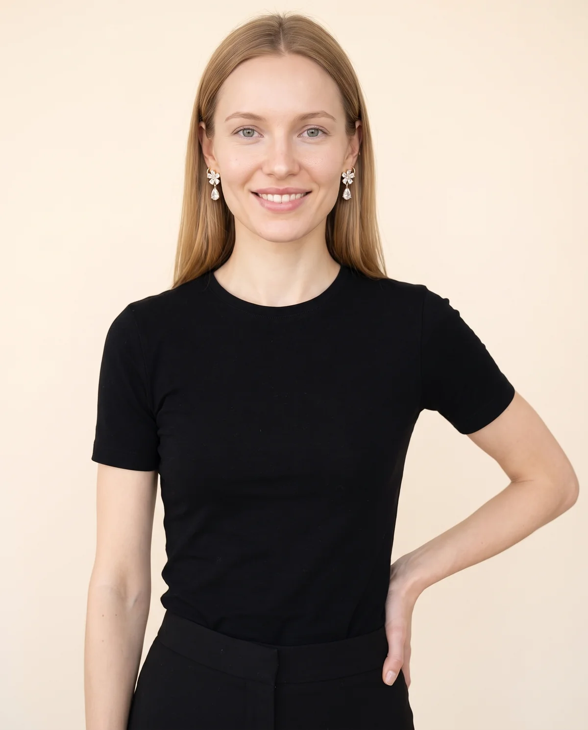 Crystal Flower Drop Earrings in Gold Tone, front view, worn by Maya