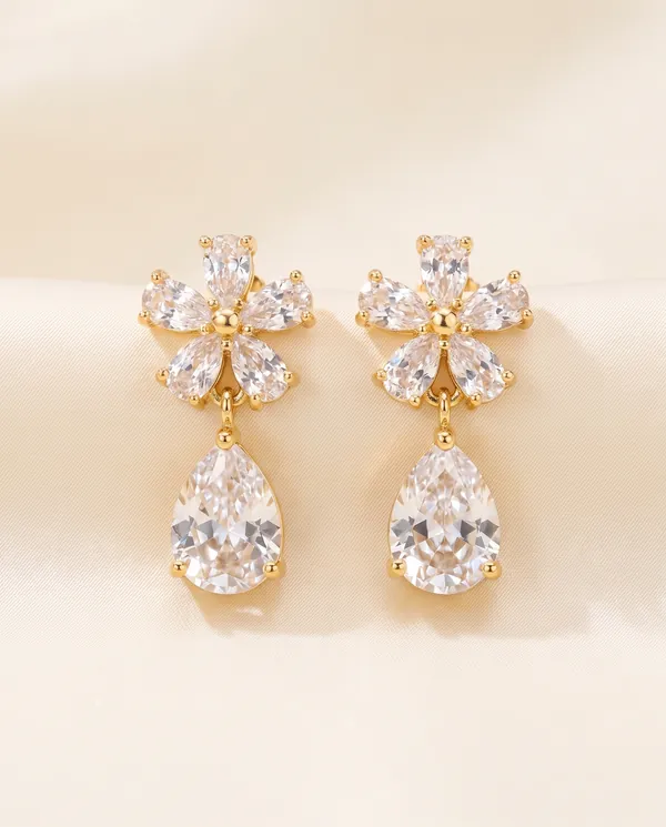 Crystal Flower Drop Earrings in Gold Tone, product shot on a plain background