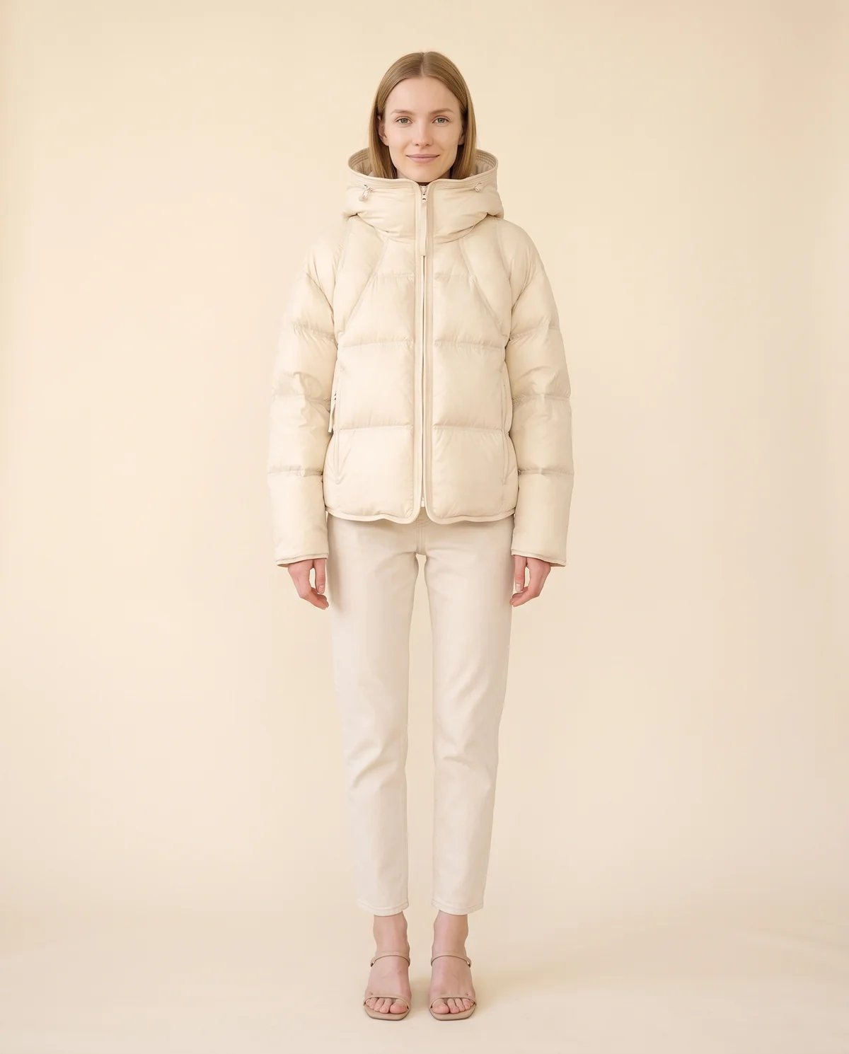 Short Hooded Puffer Jacket in Cream, front view, worn by Maya