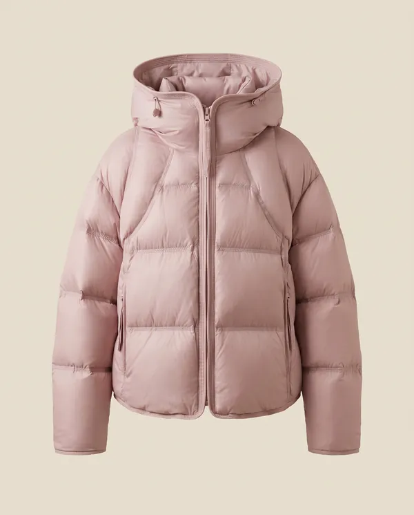 Short Hooded Puffer Jacket in Dusky Pink, product shot on a plain background