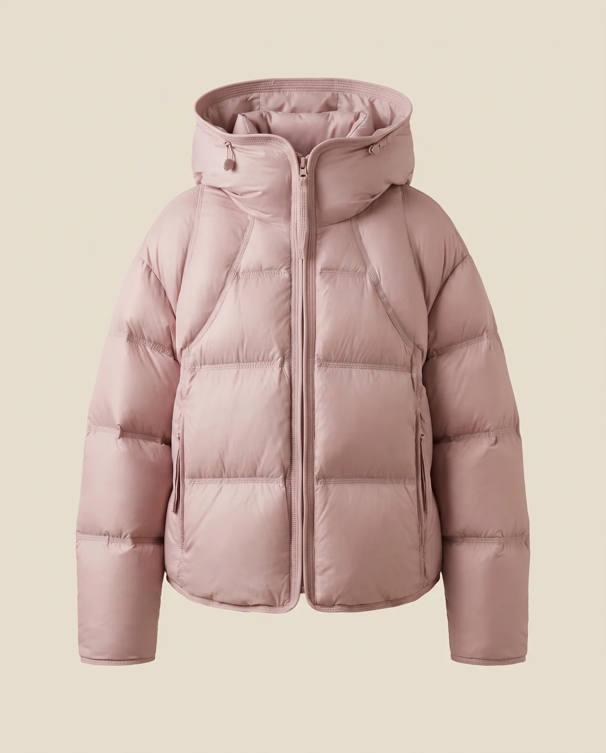 Short Hooded Puffer Jacket in Dusky Pink, product shot on a plain background
