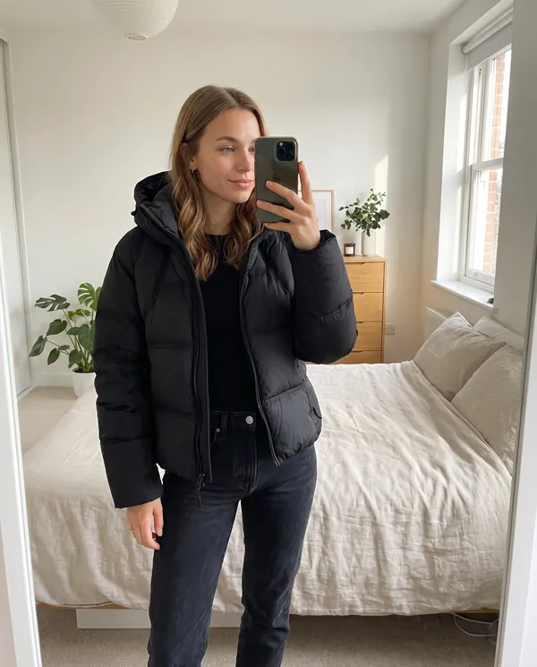 Satin Eve styling: Short Hooded Puffer Jacket