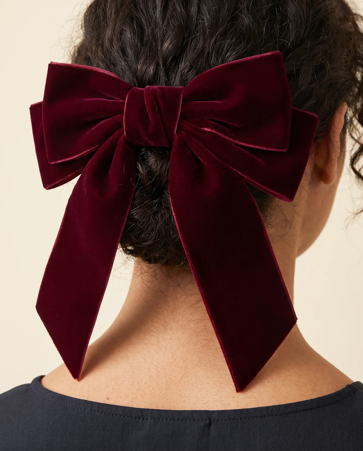 Velvet Bow Hair Barrette in Burgundy, close-up of the detail