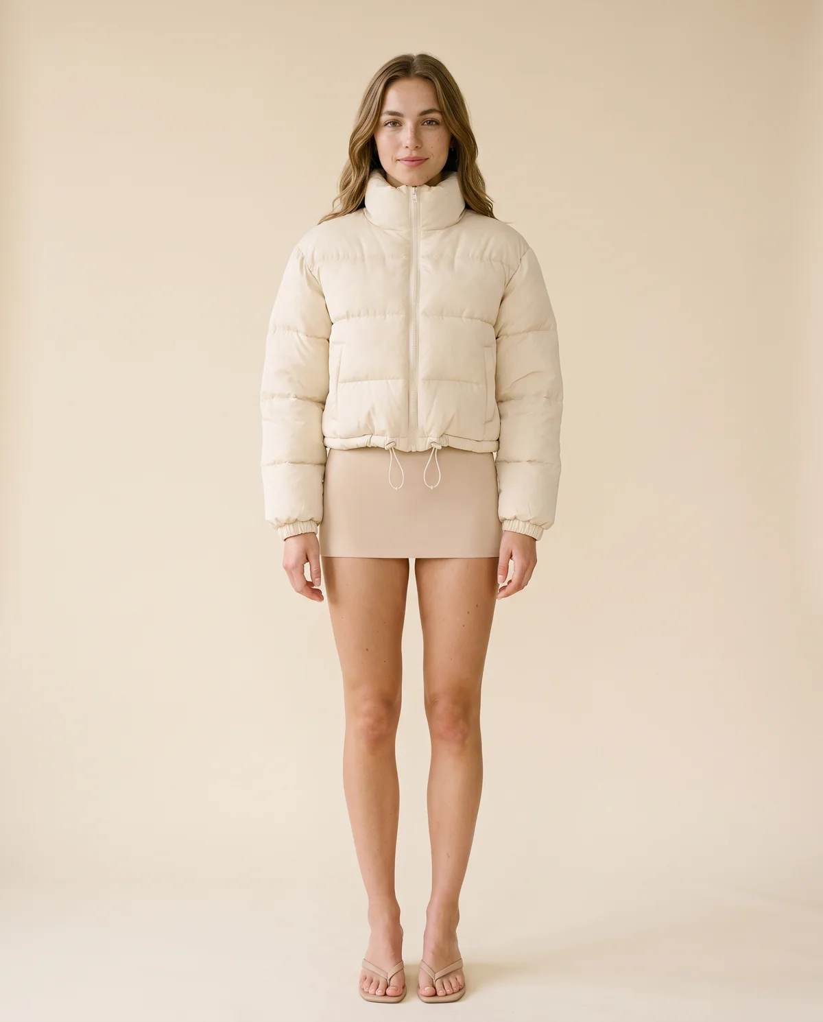 Cropped Puffer Jacket with Drawcord Hem in Cream, front view, worn by Ava