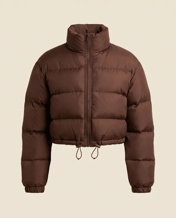 Cropped Puffer Jacket with Drawcord Hem in Chocolate, product shot on a plain background