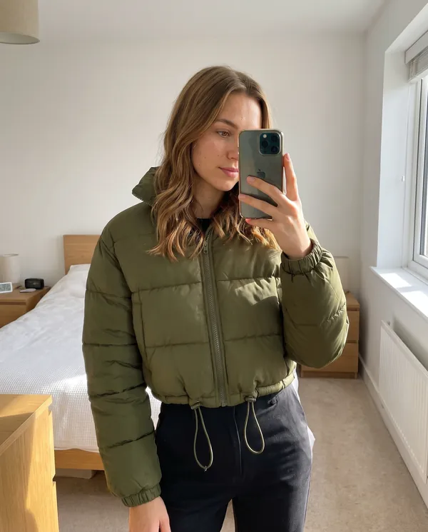 Satin Eve styling: Cropped Puffer Jacket with Drawcord Hem