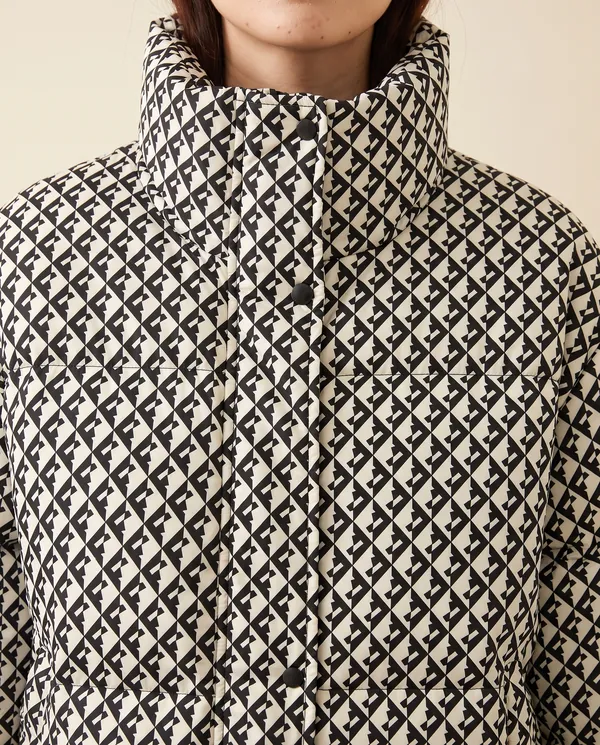 Geometric-Print Puffer Jacket in Black, close-up of the detail