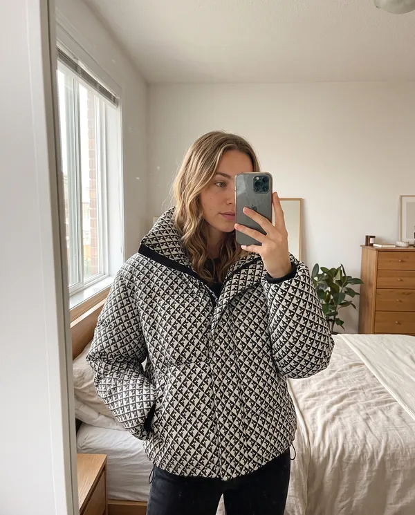 Satin Eve styling: Geometric-Print Puffer Jacket