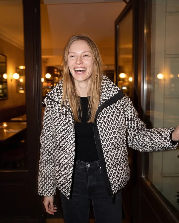 Satin Eve styling: Geometric-Print Puffer Jacket