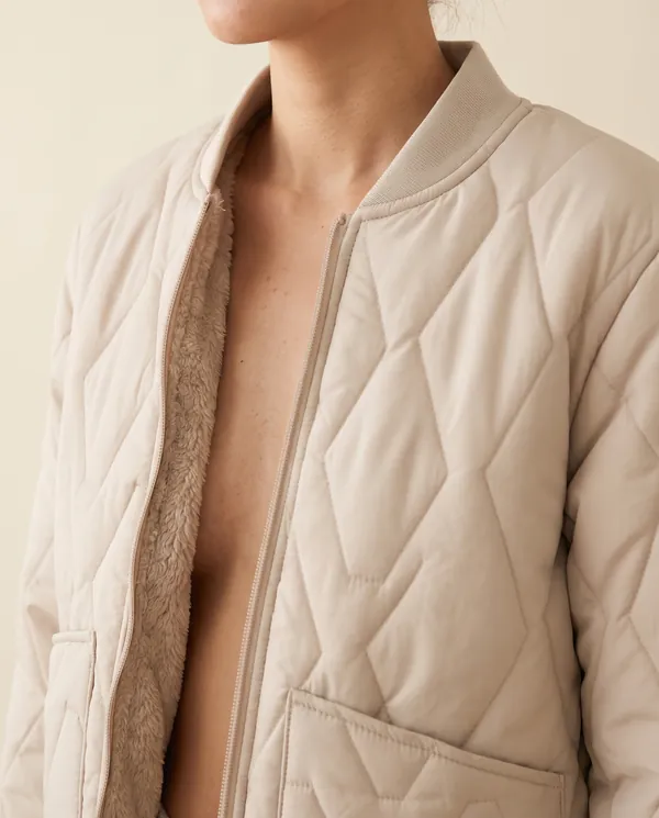 Quilted Bomber Jacket with Soft Fleece Lining in Beige, close-up of the detail