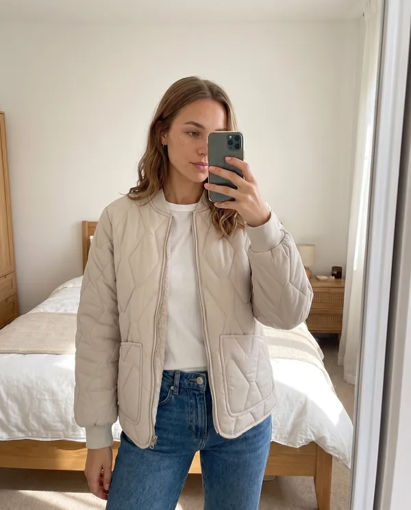 Satin Eve styling: Quilted Bomber Jacket with Soft Fleece Lining