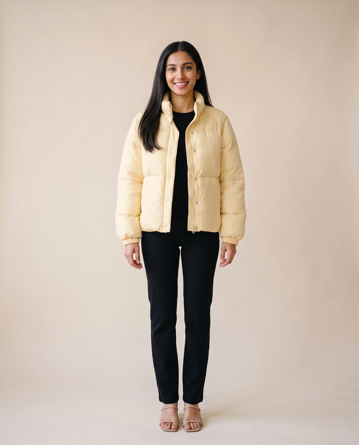 Short Stand-Collar Puffer with Snap Front in Yellow, front view, worn by Priya