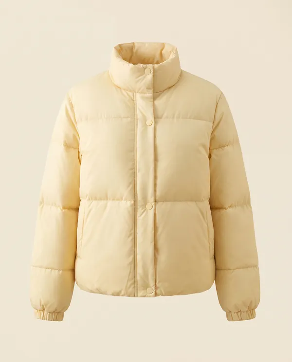 Short Stand-Collar Puffer with Snap Front in Yellow, product shot on a plain background