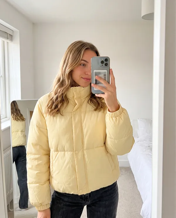 Satin Eve styling: Short Stand-Collar Puffer with Snap Front