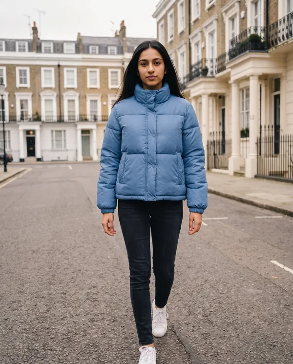 Satin Eve styling: Short Stand-Collar Puffer with Snap Front