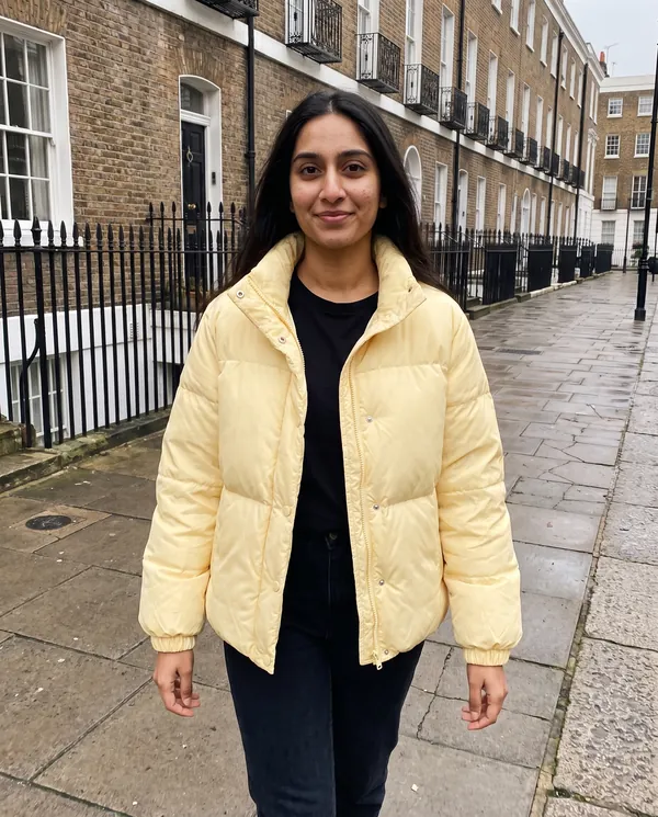 Satin Eve styling: Short Stand-Collar Puffer with Snap Front