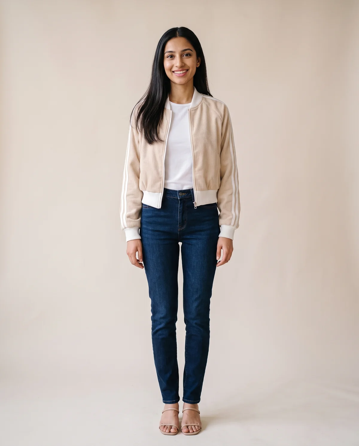 Corduroy Zip Bomber Jacket with Stripe Sleeves in Beige, front view, worn by Priya