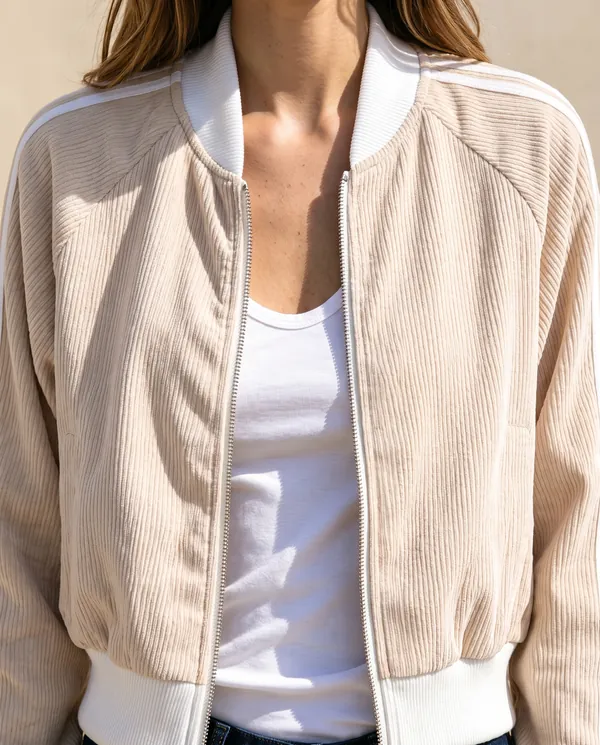 Corduroy Zip Bomber Jacket with Stripe Sleeves in Beige, close-up of the detail