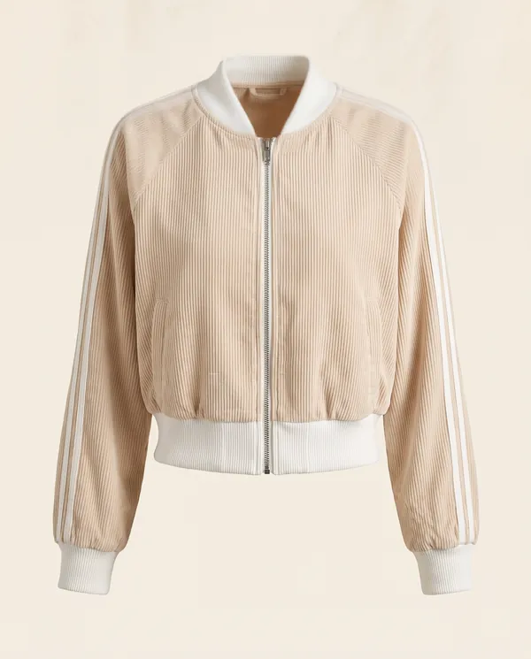 Corduroy Zip Bomber Jacket with Stripe Sleeves in Beige, product shot on a plain background