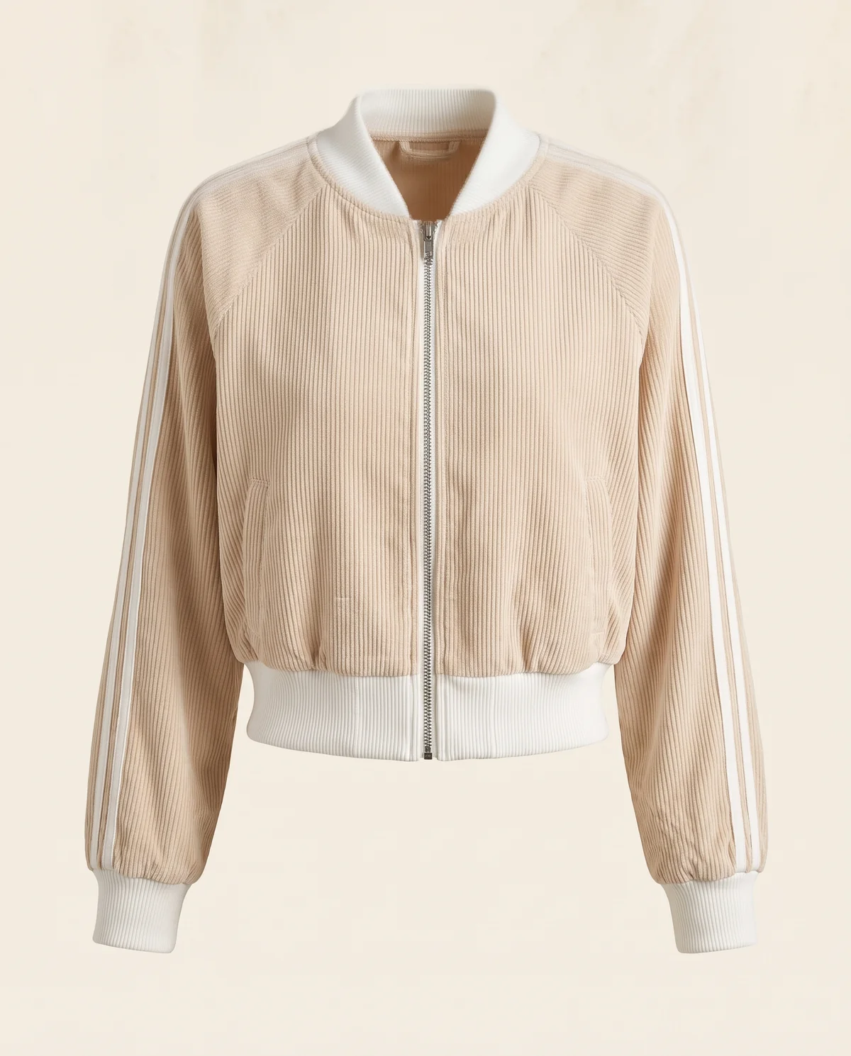 Corduroy Zip Bomber Jacket with Stripe Sleeves in Beige, product shot on a plain background