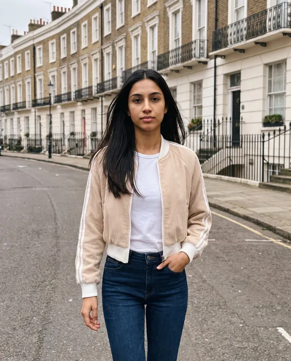 Satin Eve styling: Corduroy Zip Bomber Jacket with Stripe Sleeves