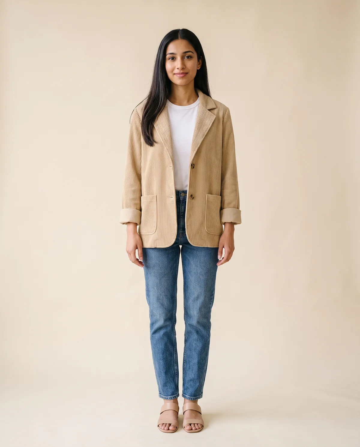 Corduroy Notch-Collar Jacket in Beige, front view, worn by Priya