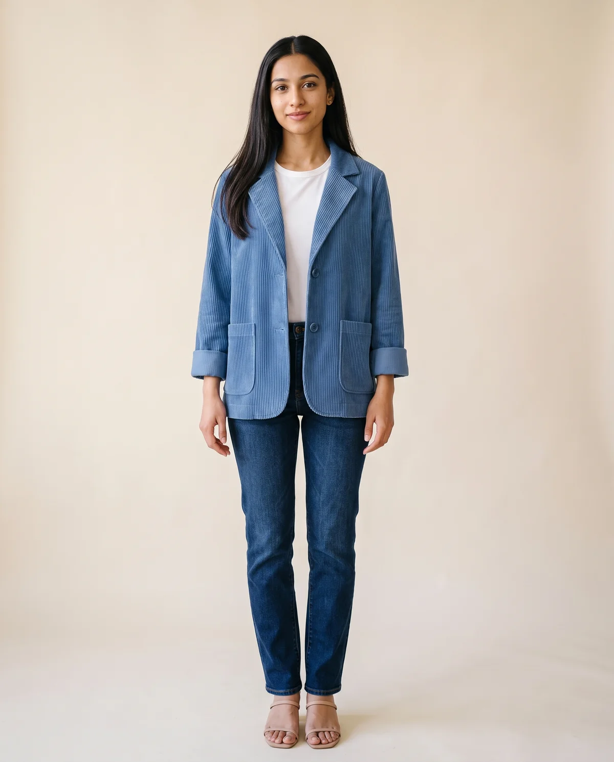 Corduroy Notch-Collar Jacket in Blue, front view, worn by Priya