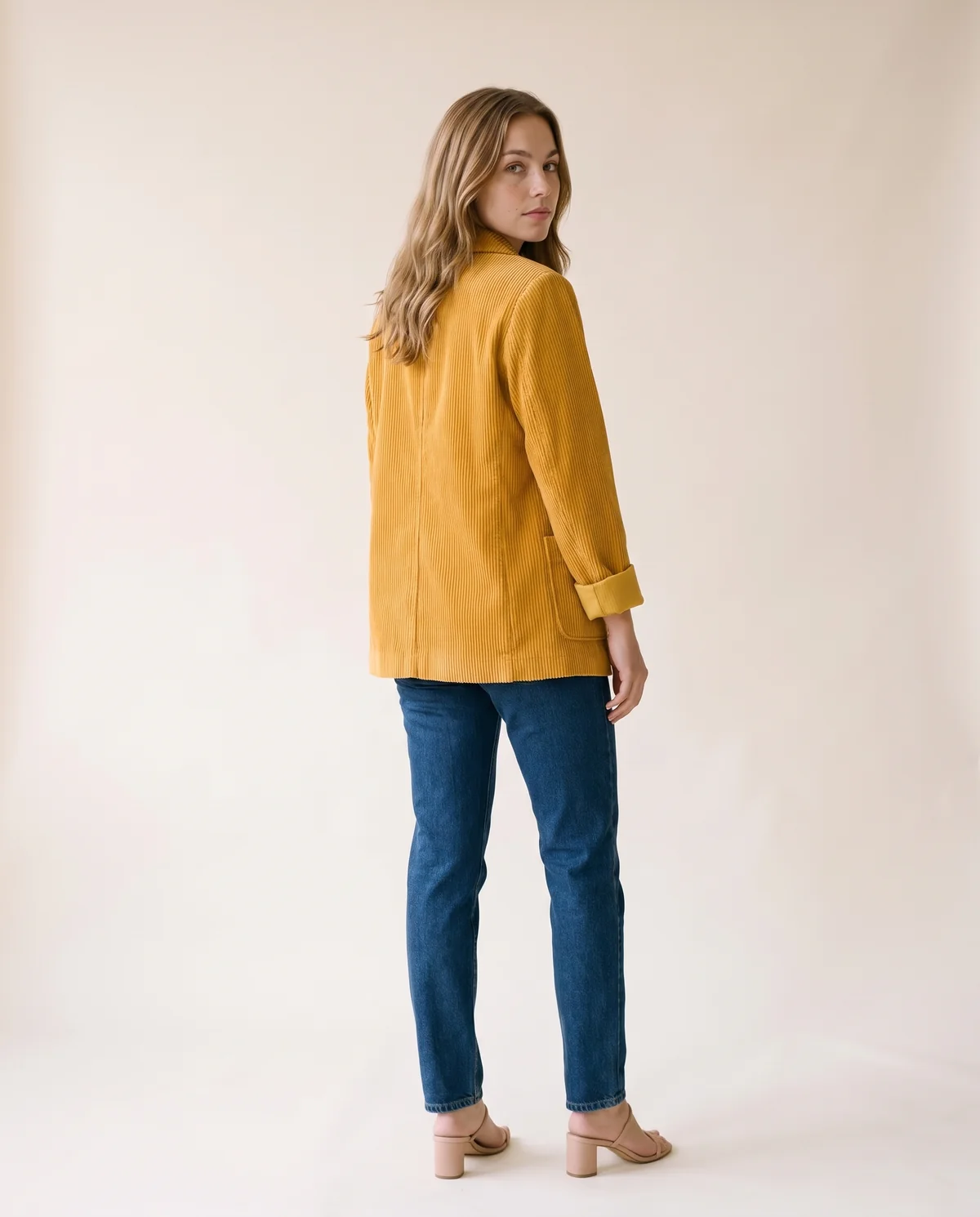Corduroy Notch-Collar Jacket in Mustard, back view, worn by Ava