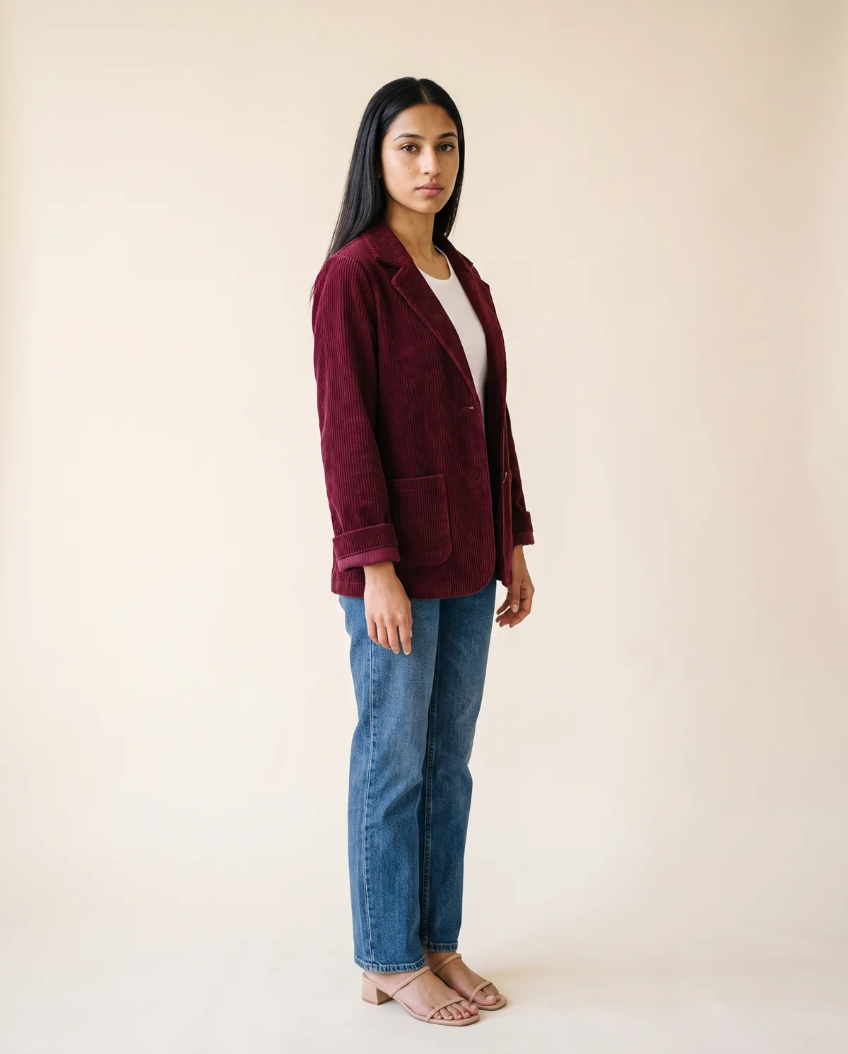 Corduroy Notch-Collar Jacket in Burgundy, side view, worn by Priya