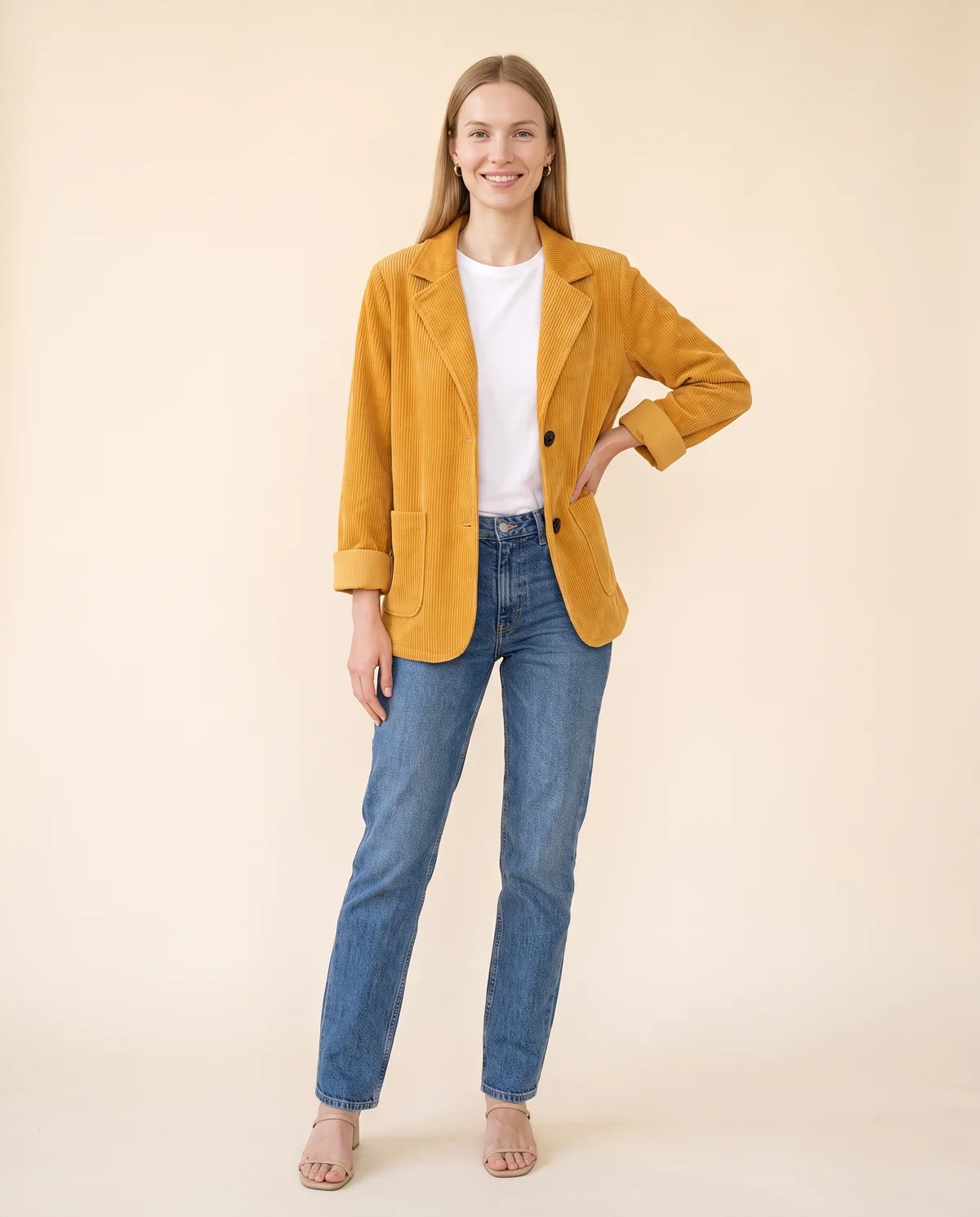 Corduroy Notch-Collar Jacket in Mustard, front view, worn by Maya