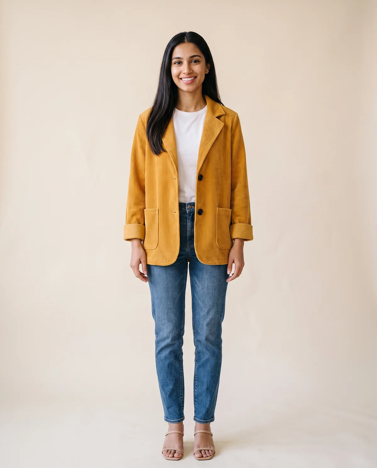 Corduroy Notch-Collar Jacket in Mustard, front view, worn by Priya