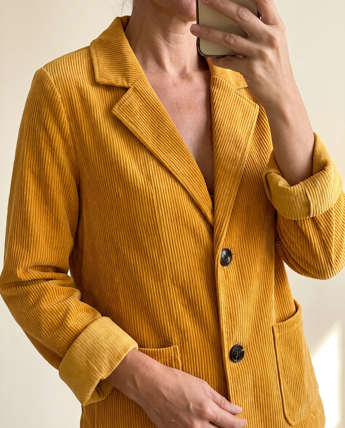 Corduroy Notch-Collar Jacket in Mustard, close-up of the detail