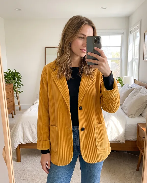 Satin Eve styling: Corduroy Notch-Collar Jacket