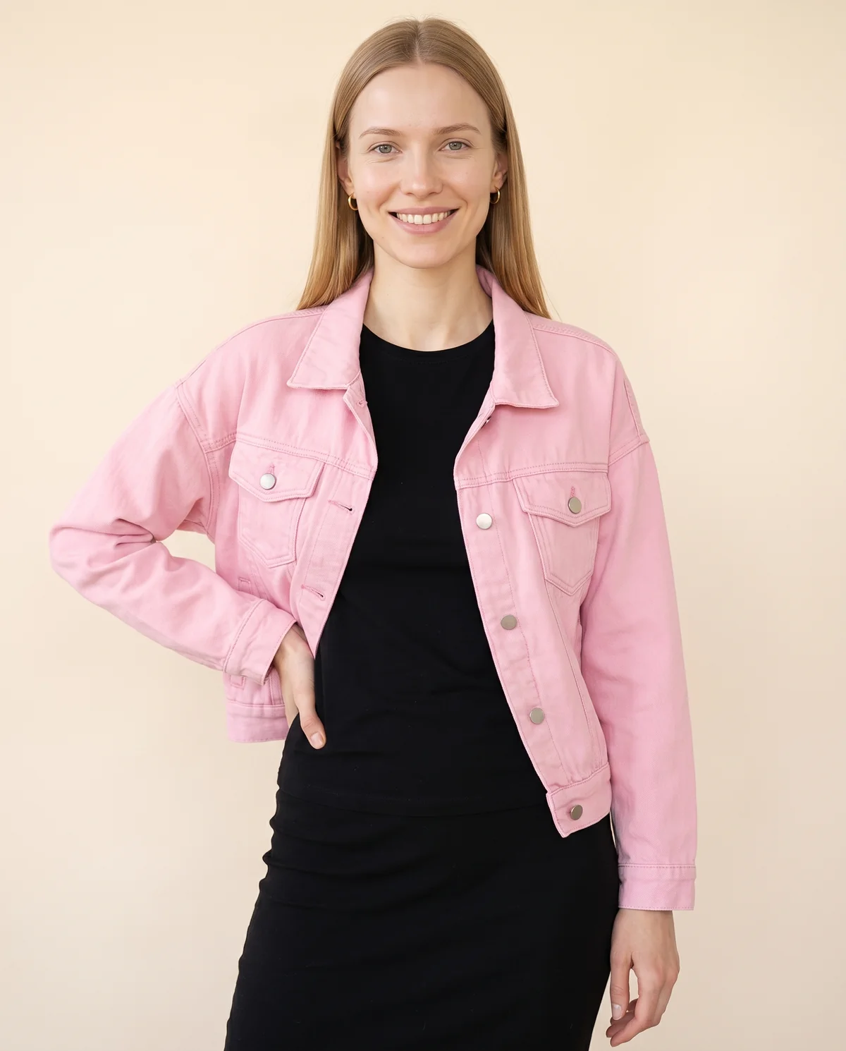 Cropped Denim Trucker Jacket in Pink, front view, worn by Maya