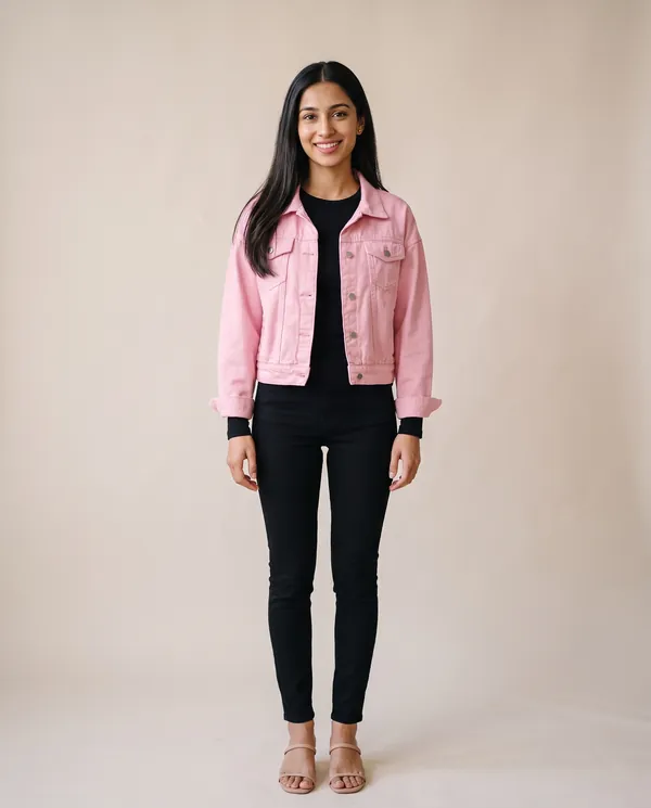 Cropped Denim Trucker Jacket in Pink, front view, worn by Priya