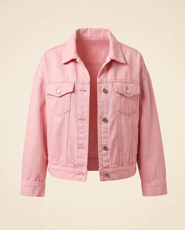 Cropped Denim Trucker Jacket in Pink, product shot on a plain background