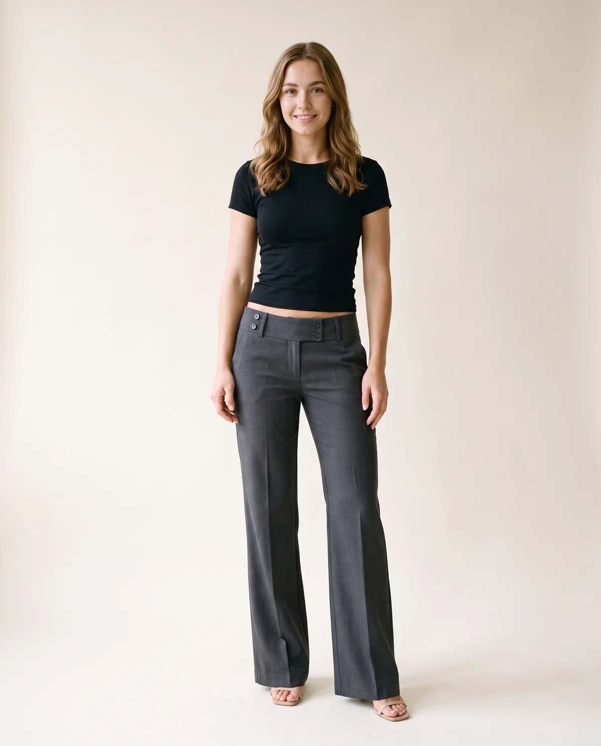 Low-Rise Tailored Wide-Leg Trousers in Charcoal, front view, worn by Ava